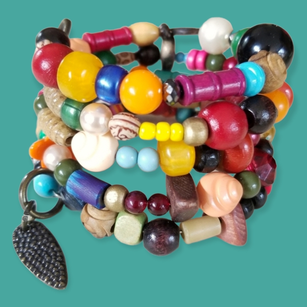 Hand Crafted Boho Wood and Vintage Bead Wrap Bracelet